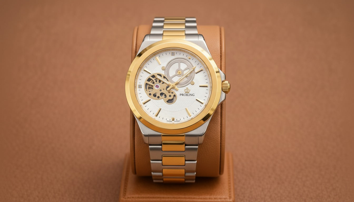 Proking Automatic Skeleton Two-Tone Watch (Gold & Silver Stainless Steel)