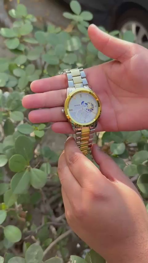 Proking Automatic Skeleton Two-Tone Watch (Gold & Silver Stainless Steel)